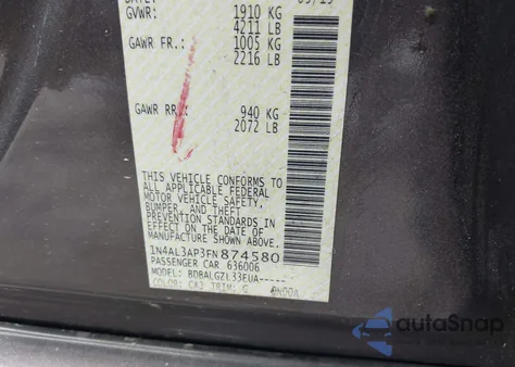 2015 Nissan Altima из США, поврежденный, VIN 1N4AL3AP3FN874580